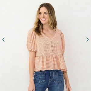 LC Lauren Conrad Gingham Flounce Button V-Neck Top with Puff Sleeves​​​​…​​​